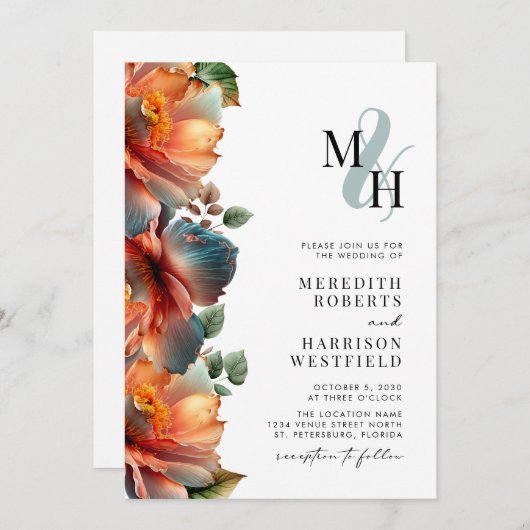 Monogram QR Code RSVP Herfst Floral herfst bruilof Kaart (Voorkant / Achterkant)