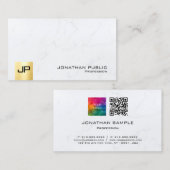 Monogram QR Code Upload Logo Wit Marmer Goud Visitekaartje (Voorkant / Achterkant)