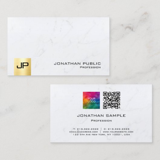 Monogram QR Code Upload Logo Wit Marmer Goud Visitekaartje (Voorkant / Achterkant)