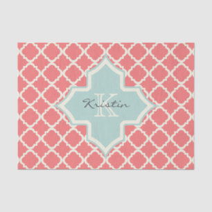 Monogram Quatrefoil Coral Mint Pattern Tissuepapier