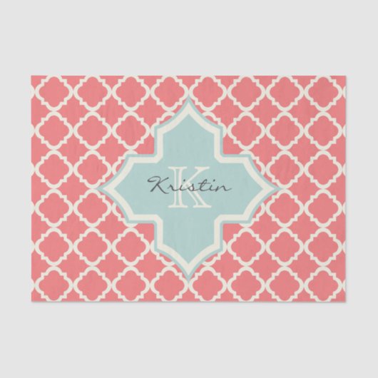 Monogram Quatrefoil Coral Mint Pattern Tissuepapier (Voorkant)