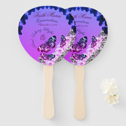 Monogram Quinceañera 15 met vliegende vlinder Handwaaier (Voorkant en achterkant)