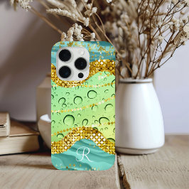 Monogram R Aqua Lime Goud Marmer Fantasie Druppels iPhone 15 Pro Case