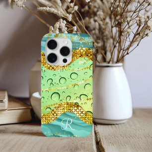 Monogram R Aqua Lime Goud Marmer Fantasie Druppels iPhone 15 Pro Case