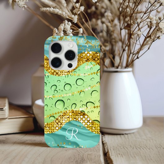 Monogram R Aqua Lime Goud Marmer Fantasie Druppels Case-Mate iPhone Case