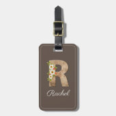 Monogram R bruine houten letter bloem Bagage Label (Voorkant verticaal)