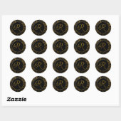 Monogram R Goud en Zwart Damast Bruiloft Seal Ronde Sticker (Vel)