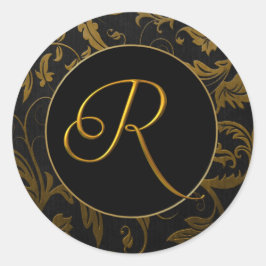 Monogram R Goud en Zwart Damast Bruiloft Seal Ronde Sticker