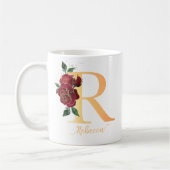 Monogram R gouden aangepaste naam rode rozen Koffiemok (Links)