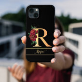 Monogram R gouden aangepaste naam rode rozen zwart Case-Mate iPhone Case