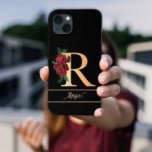 Monogram R gouden aangepaste naam rode rozen zwart Case-Mate iPhone Case