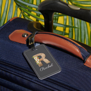 Monogram R grijs houten letter bloem Bagage Label