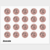 Monogram R Roos Goud Blush Roze Glitter Bloemen Ronde Sticker (Vel)