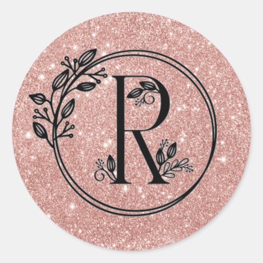 Monogram R Roos Goud Blush Roze Glitter Bloemen Ronde Sticker (Voorkant)