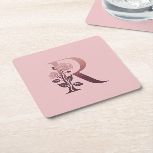 Monogram R Roze Rozen Onderzetter Set (Schuin)