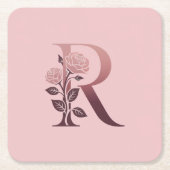 Monogram R Roze Rozen Onderzetter Set (Voorkant)