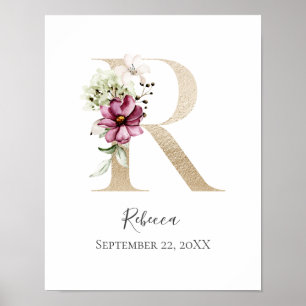 Monogram R Roze Witte Bloem Gouden Letter Kinderka Poster
