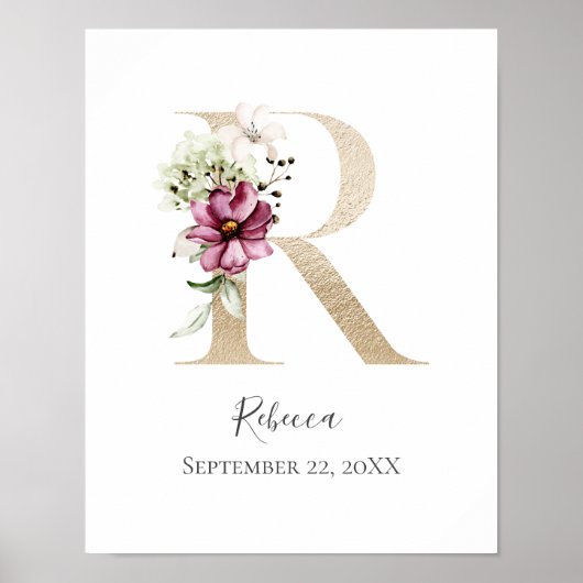 Monogram R Roze witte Floral Gold Letter Neursery Poster (Voorkant)