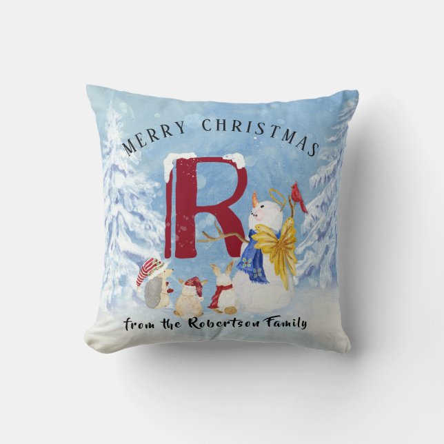 Monogram R Snowy Snowman Angel Hedgel Rabbits Kussen (Voorkant)