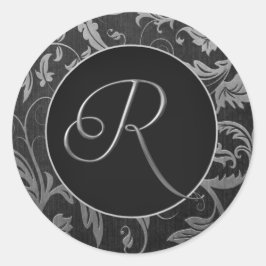 Monogram R Zilver en Zwart Damast Bruiloft Seal Ronde Sticker
