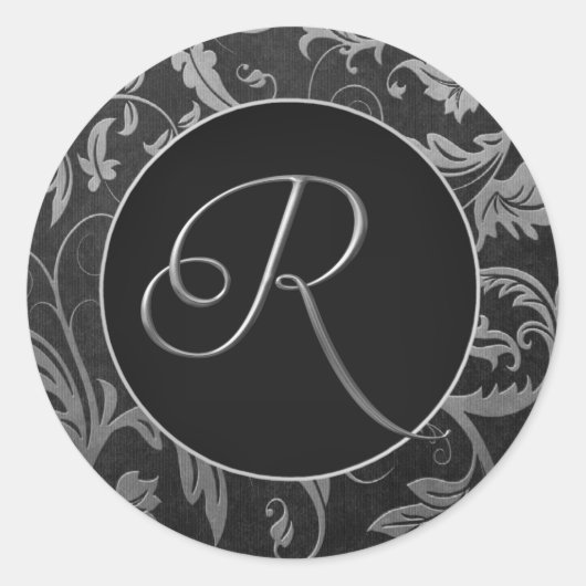 Monogram R Zilver en Zwart Damast Bruiloft Seal Ronde Sticker (Voorkant)