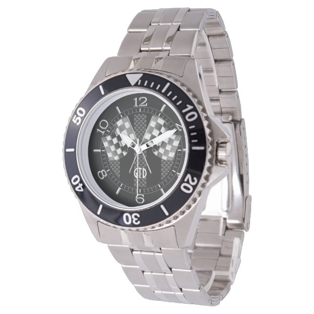 Monogram Racing Vlaggen Zwarte Strepen Carbon Styl Horloge (Gekanteld)