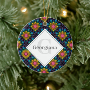 Monogram Rainbow Floral Fountain Art Deco Scallops Keramisch Ornament