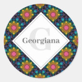 Monogram Rainbow Floral Fountain Art Deco Scallops Ronde Sticker (Voorkant)