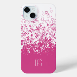Monogram Raining Muzieknoten Fuchsia Pink iPhone 15 Mini Hoesje