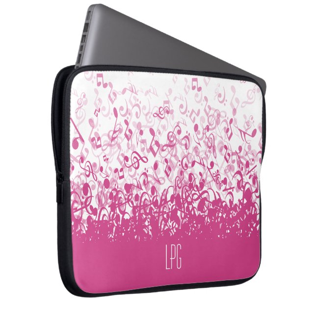 Monogram Raining Muzieknoten Fuchsia Pink Laptop Sleeve (Voorkant Rechts)
