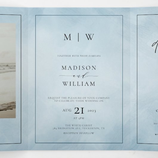 Monogram & Rand Elegant Dusty Blue Wedding Drieluik Uitnodiging (Binnenkant midden)