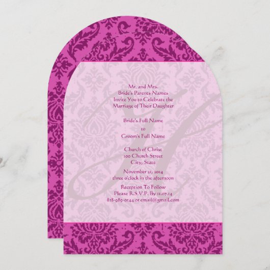 Monogram Raspberry Pink Damask Wedding Uitnodiging (Voorkant / Achterkant)