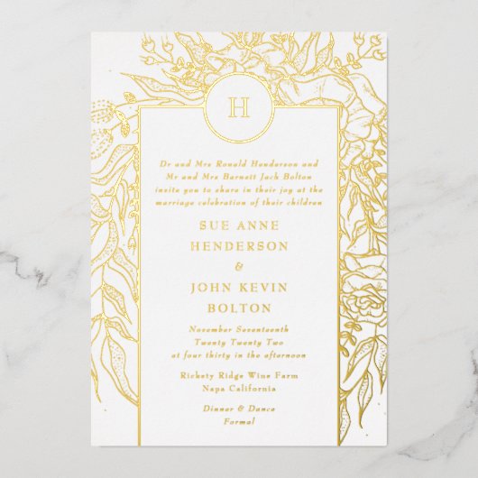 Monogram  Real Gold Wreath Wedding Folie Uitnodiging (Voorkant)