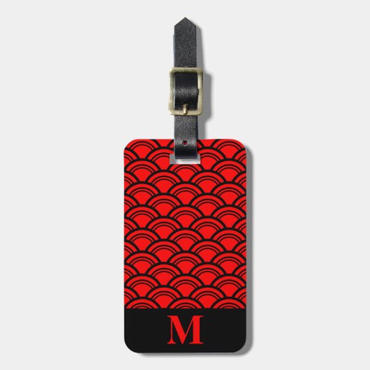 Monogram Red Art Deco Scallop Fish Scales Bagagelabel (Voorkant verticaal)
