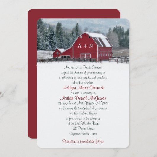 Monogram Red Barn in Winter Wedding Invitation 3 Kaart (Voorkant / Achterkant)