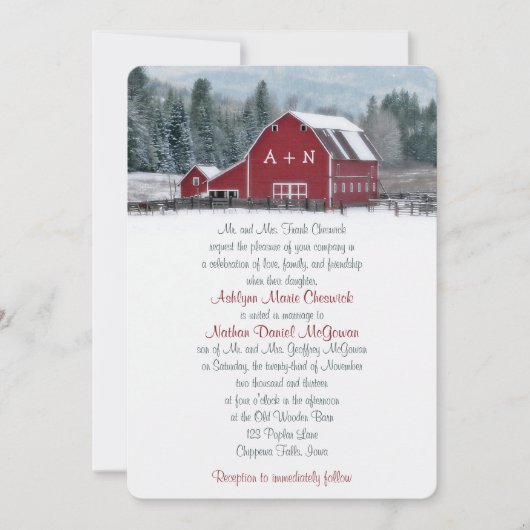 Monogram Red Barn in Winter Wedding Invitation 3 Kaart (Voorkant)