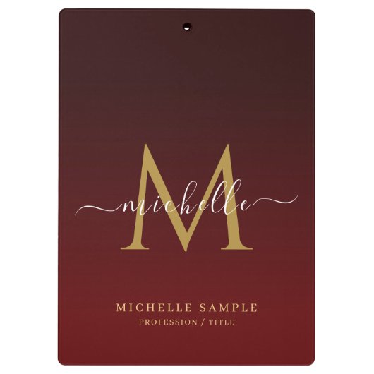 Monogram Red Black Gold Calligraphy Personalized Klembord (Achterkant)