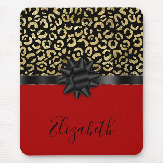 Monogram Red Black Gold leopard Print Bow Trendy Muismat (Voorkant)