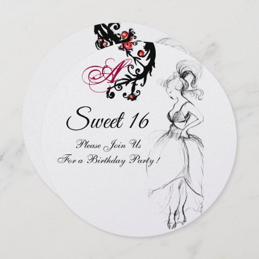 MONOGRAM Red Black Swirls VAN 16 BIRTHDAY-PARTIJ Kaart (Voorkant / Achterkant)