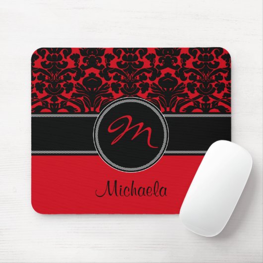Monogram Red Black White Damask Mousepad Muismat (Met muis)