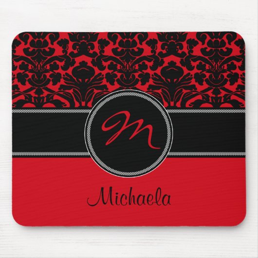 Monogram Red Black White Damask Mousepad Muismat (Voorkant)