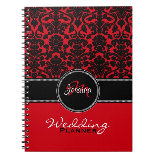 Monogram Red Black White Damask Wedding Planner Notitieboek (Voorkant)