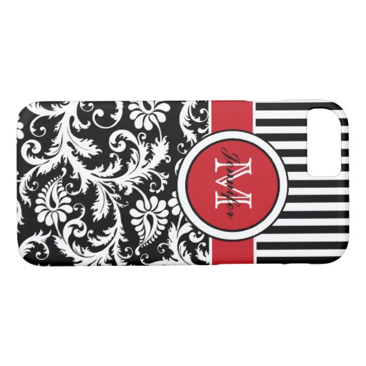 Monogram Red Black White Striped Damask Case-Mate iPhone Case (Achterkant (Horizontaal))