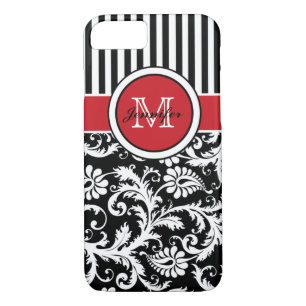 Monogram Red Black White Striped Damask Case-Mate iPhone Case