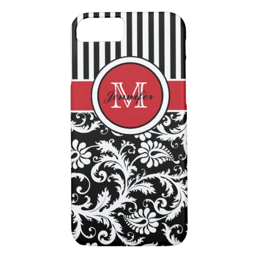 Monogram Red Black White Striped Damask Case-Mate iPhone Case (Achterkant)