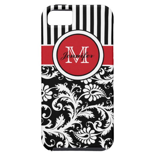 Monogram Red Black White Striped Damask Case-Mate iPhone Case (Achterkant)