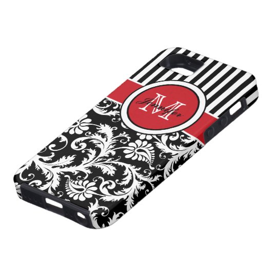 Monogram Red Black White Striped Damask Case-Mate iPhone Case (Onderkant)