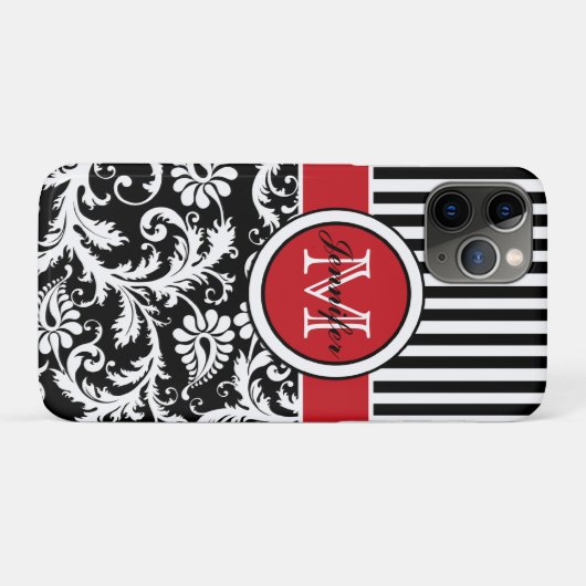 Monogram Red Black White Striped Damask Case-Mate iPhone Case (Achterkant (horizontaal))