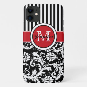Monogram Red Black White Striped Damask Case-Mate iPhone Case