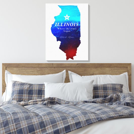 Monogram Red Blue Glitter Map of State of Illinois Canvas Afdruk (Insitu (Slaapkamer))